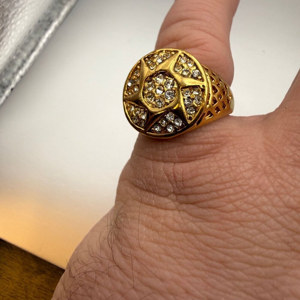 Bold Gold Tone Rhinestone Starburst Signet Ring Size 12 | Vintage Patina Stateme - Picture 3 of 11